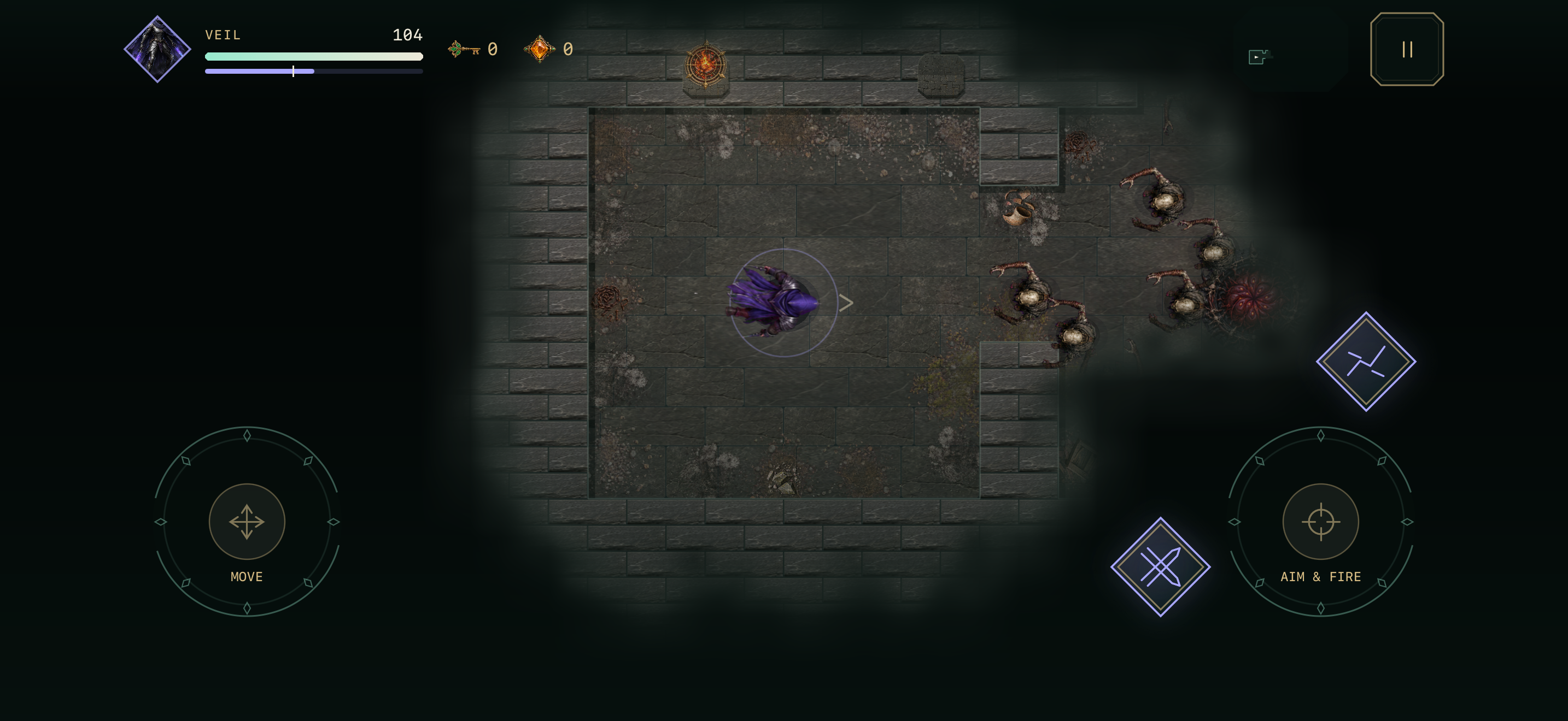 Actual iPhone gameplay: the Veilrunner faces a nest and a group of crypt enemies with movement and aim controls
