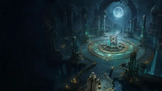 A lantern lights the entrance to a moonlit crypt